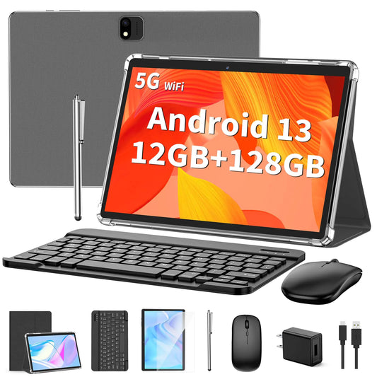 Tableta Android con Teclado, Android 13, 12(6+6)GB+128GB, Expansible a 1TB, 2 en 1, Tableta de 10 pulgadas con Funda, Ratón, Lápiz, Batería de 8000mAh, WiFi 2.4G/5G, GPS, Tableta PC Certificada, Color Negro